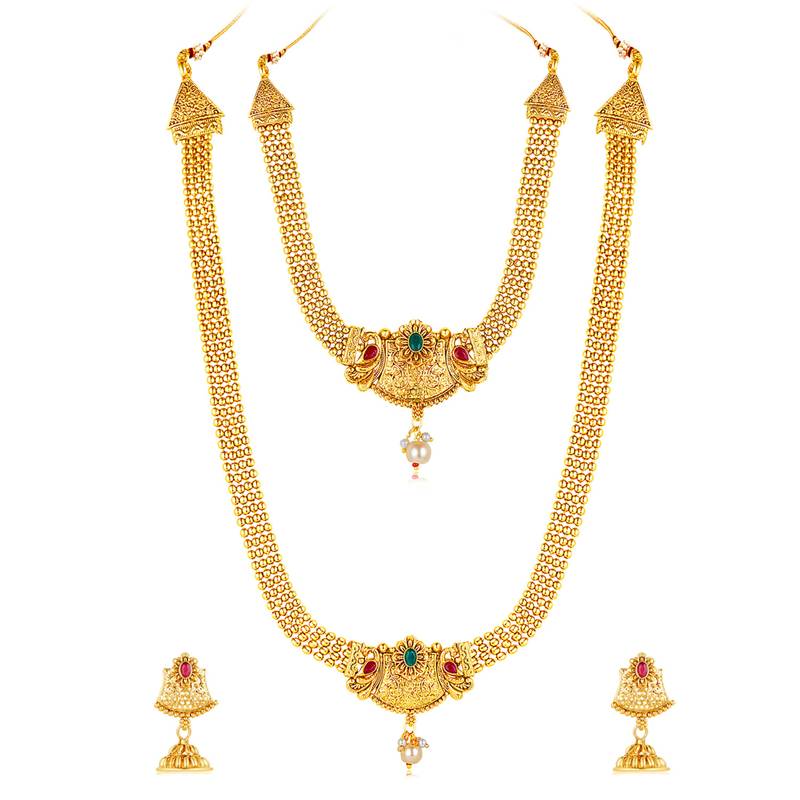 Women's gold toned synthetic stone & pearl studded peacock necklace set