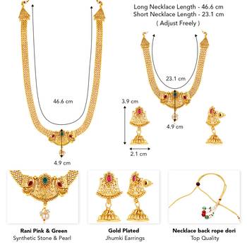 Women's gold toned synthetic stone & pearl studded peacock necklace set 4