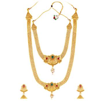 Women's gold toned synthetic stone & pearl studded peacock necklace set 5