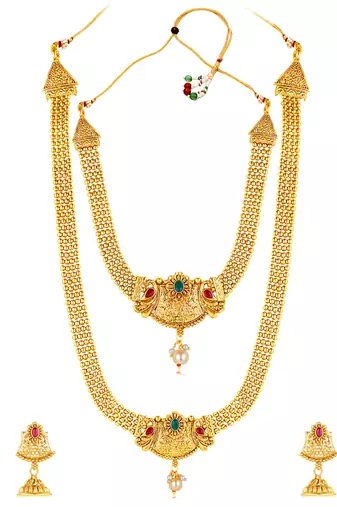 Women's gold toned synthetic stone & pearl studded peacock necklace set