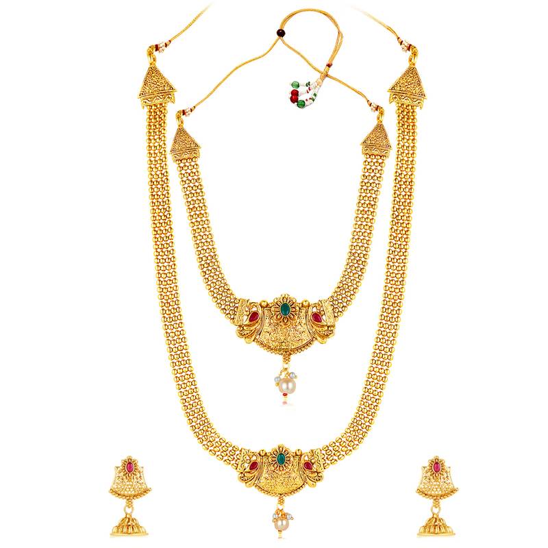 Women's gold toned synthetic stone & pearl studded peacock necklace set
