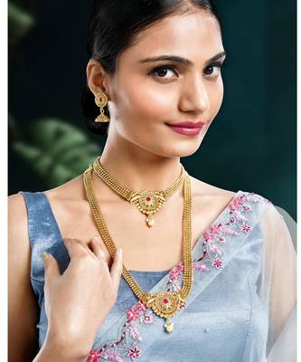 Women's gold toned rani pink synthetic stone & pearl studded maharani haar 1