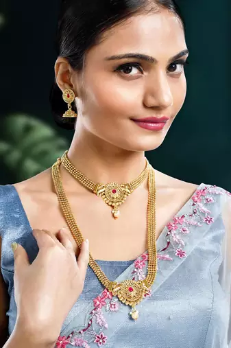 Women's gold toned rani pink synthetic stone & pearl studded maharani haar