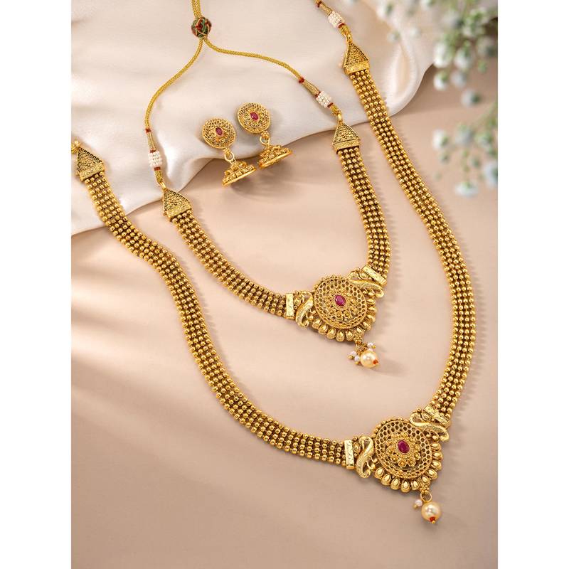 Women's gold toned rani pink synthetic stone & pearl studded maharani haar