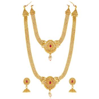 Women's gold toned rani pink synthetic stone & pearl studded maharani haar 3