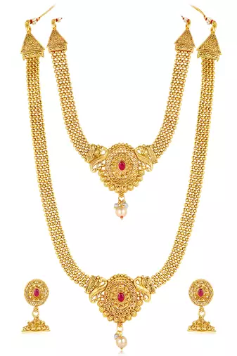 Women's gold toned rani pink synthetic stone & pearl studded maharani haar