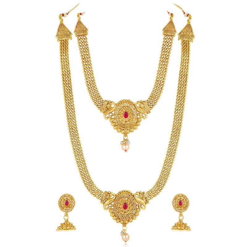 Women's gold toned rani pink synthetic stone & pearl studded maharani haar