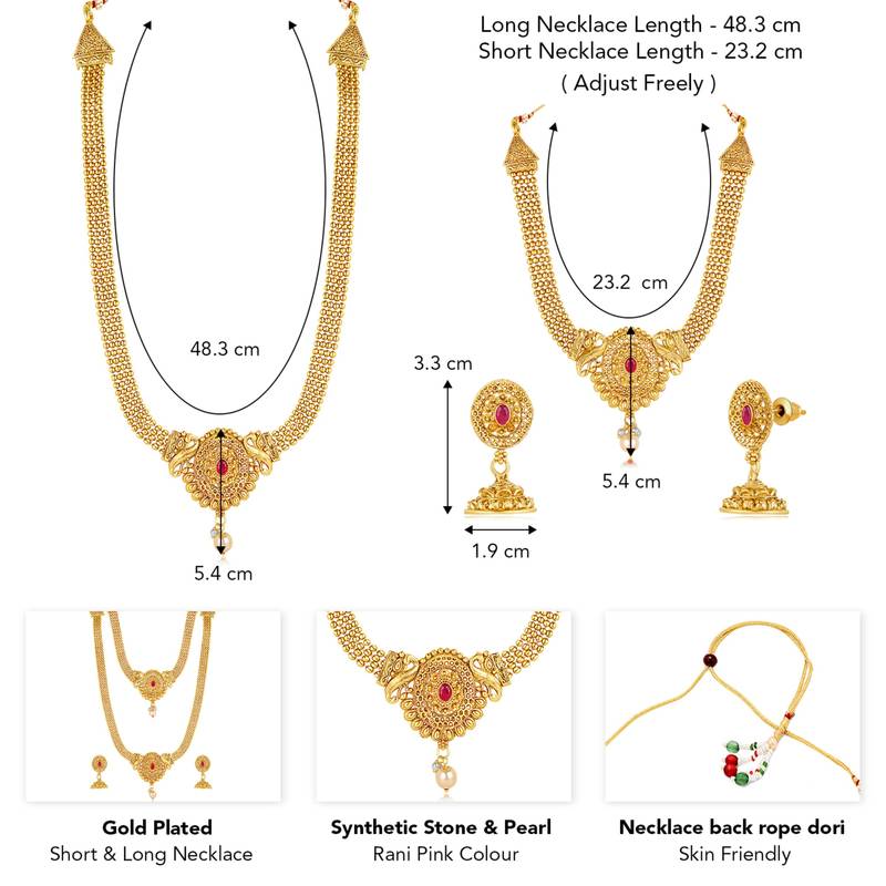 Women's gold toned rani pink synthetic stone & pearl studded maharani haar