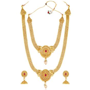 Women's gold toned rani pink synthetic stone & pearl studded maharani haar 5