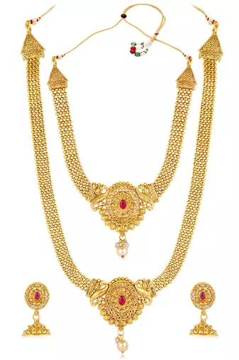 Women's gold toned rani pink synthetic stone & pearl studded maharani haar