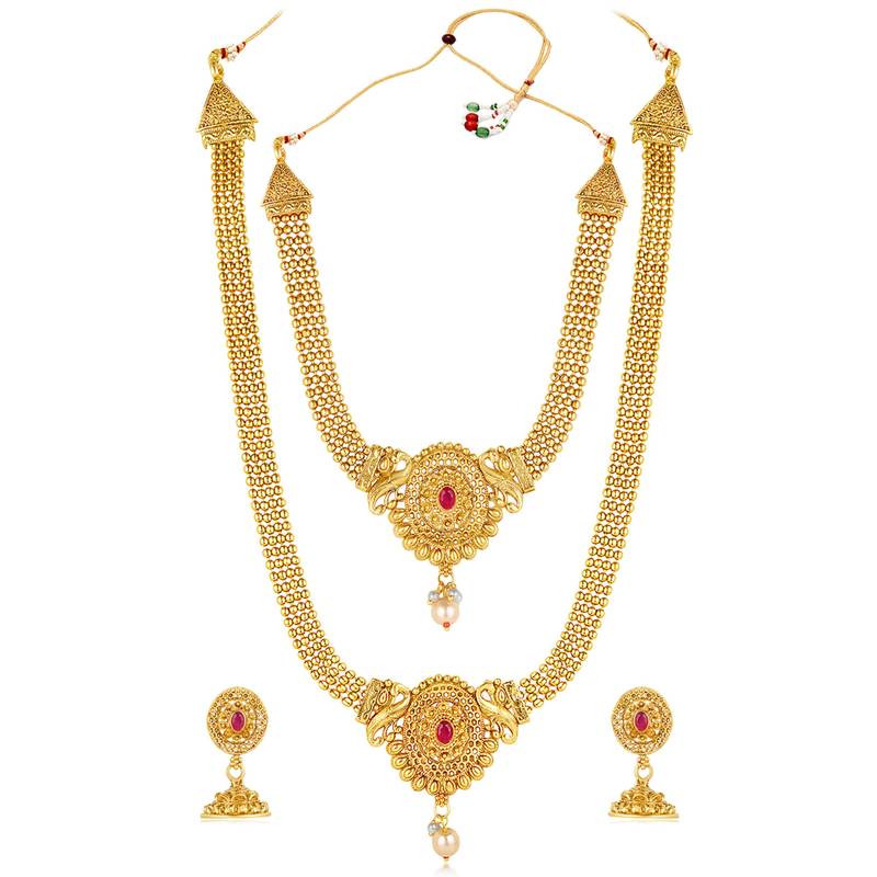 Women's gold toned rani pink synthetic stone & pearl studded maharani haar