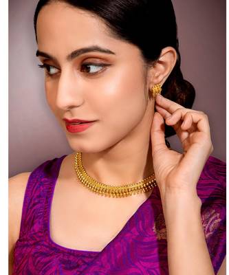 Women's gold toned elegant indian choker necklace with earring jewelry set 1