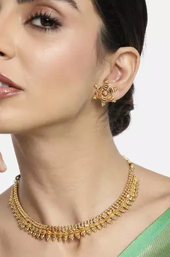 Gold plated ethnic choker necklace with earring traditional jewelry set gift for women