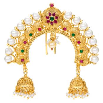 Faux ruby faux emerald & beads studded ethnic hair juda pin jewellery for women 3