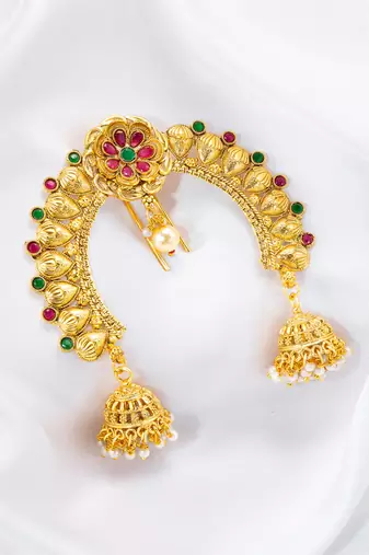 Ethnic hair juda pin brooch for women faux emerald ruby & beads studded festive bridal jewelry