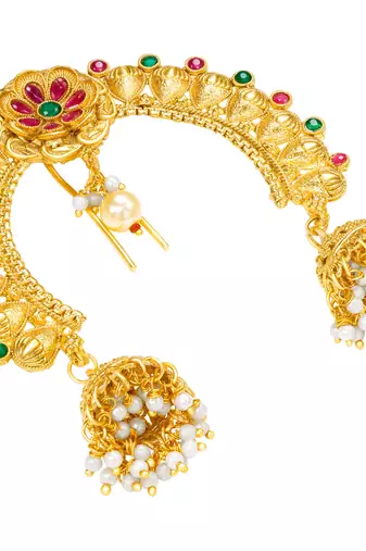 Ethnic hair juda pin brooch for women faux emerald ruby & beads studded festive bridal jewelry