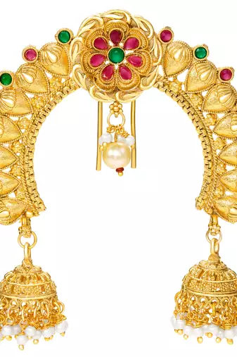 Ethnic hair juda pin brooch for women faux emerald ruby & beads studded festive bridal jewelry