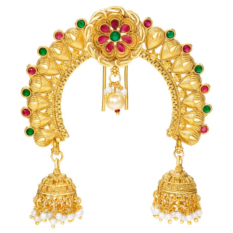 Ethnic hair juda pin brooch for women faux emerald ruby & beads studded festive bridal jewelry
