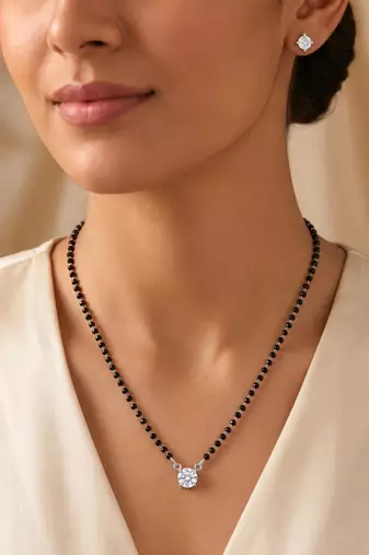 Women's brass silver toned round solitaire mangalsutra set with s-hook