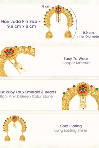 Ethnic hair juda pin brooch for women faux emerald ruby & beads studded festive bridal jewelry