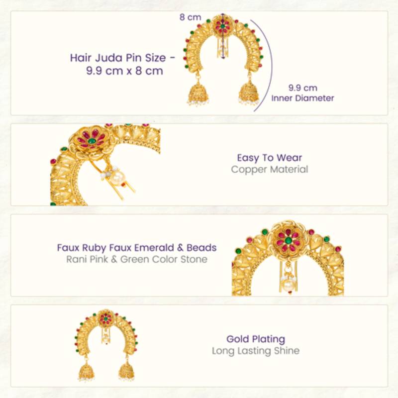 Ethnic hair juda pin brooch for women faux emerald ruby & beads studded festive bridal jewelry
