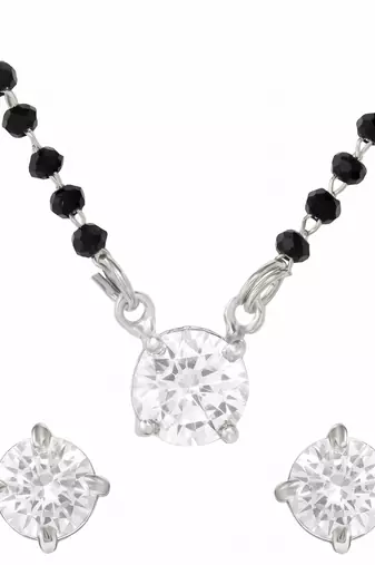 Women's brass silver toned round solitaire mangalsutra set with s-hook