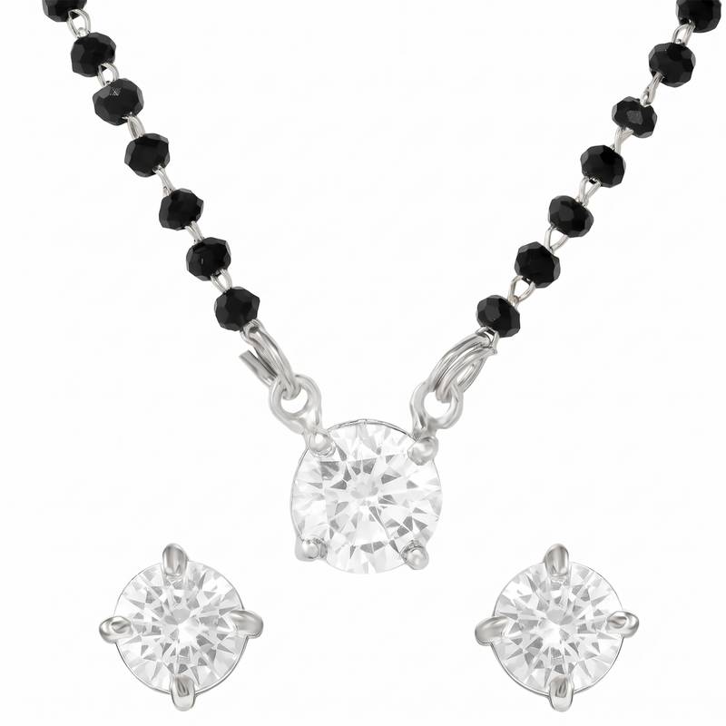 Women's brass silver toned round solitaire mangalsutra set with s-hook