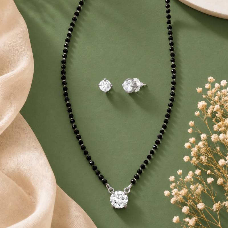 Women's brass silver toned round solitaire mangalsutra set with s-hook