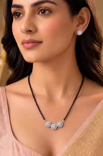 Women's brass silver toned triple round mangalsutra set with s-hook