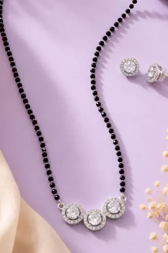 Women's brass silver toned triple round mangalsutra set with s-hook