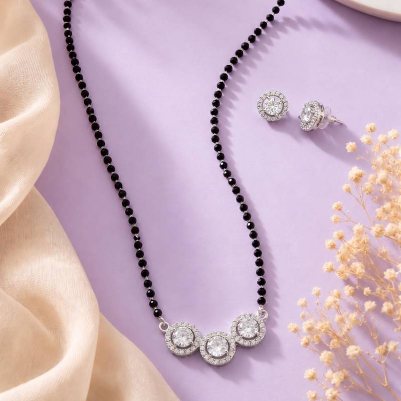 Women's brass silver toned triple round mangalsutra set with s-hook