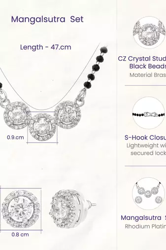 Women's brass silver toned triple round mangalsutra set with s-hook