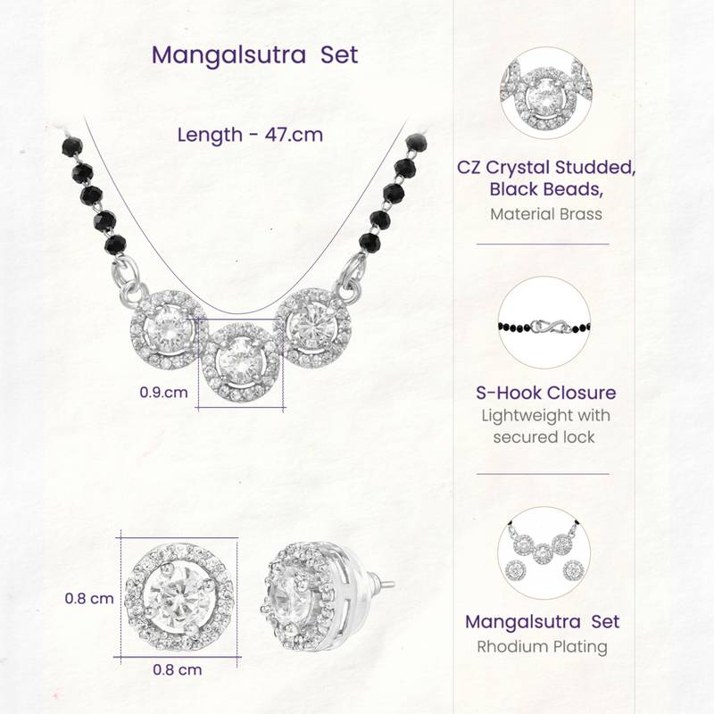 Women's brass silver toned triple round mangalsutra set with s-hook
