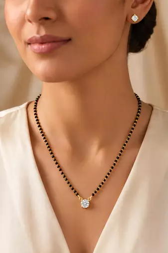 Women's brass silver toned round solitaire mangalsutra set with s-hook