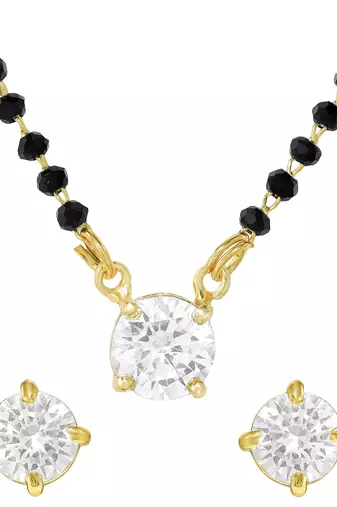 Women's brass silver toned round solitaire mangalsutra set with s-hook
