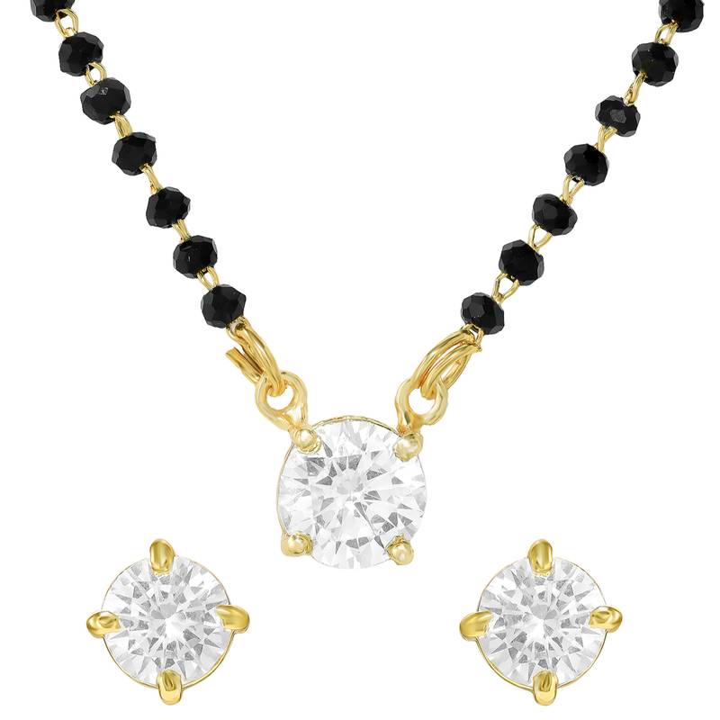 Women's brass silver toned round solitaire mangalsutra set with s-hook