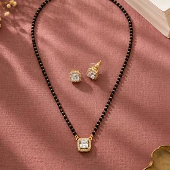 Women's golden toned square solitaire mangalsutra & stud earring  set 2