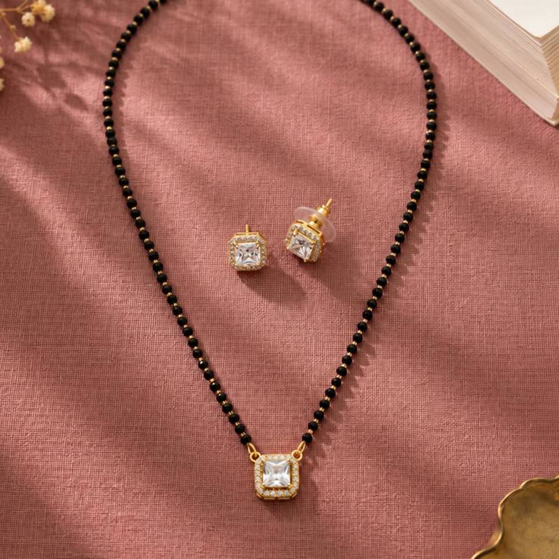 Women's golden toned square solitaire mangalsutra & stud earring  set