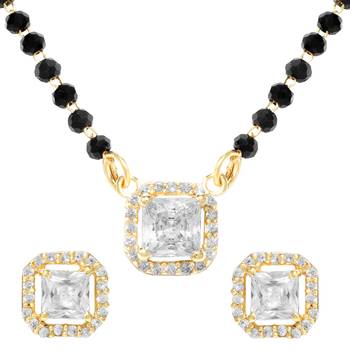 Women's golden toned square solitaire mangalsutra & stud earring  set 3