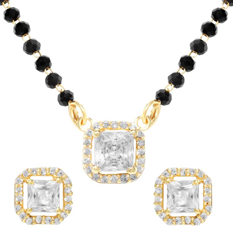 Women's golden toned square solitaire mangalsutra & stud earring  set