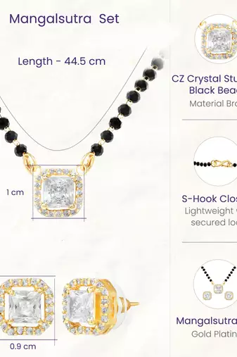 Women's golden toned square solitaire mangalsutra & stud earring  set