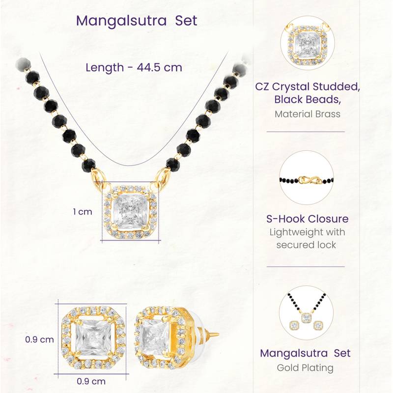 Women's golden toned square solitaire mangalsutra & stud earring  set