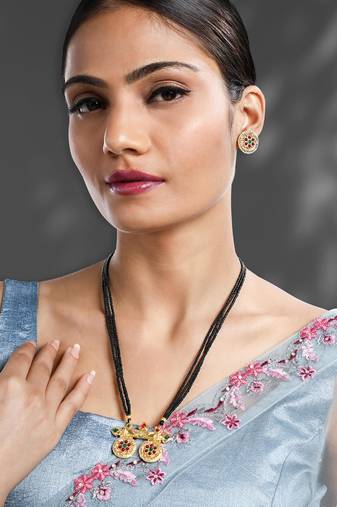 Rani pink green synthetic stone studded mangalsutra necklace with