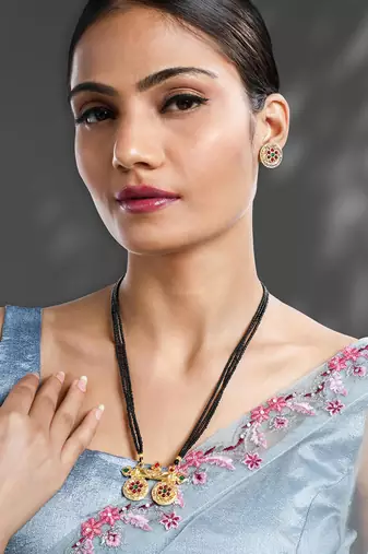 Rani pink green synthetic stone studded mangalsutra necklace with