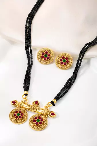 Rani pink green synthetic stone studded mangalsutra necklace with