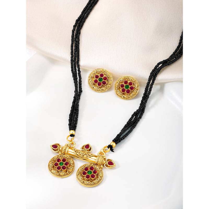 Rani pink green synthetic stone studded mangalsutra necklace with