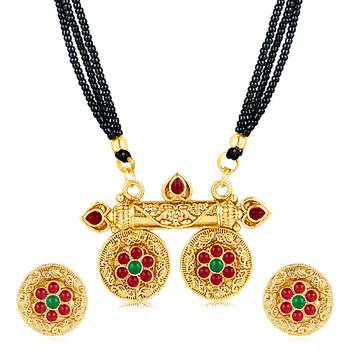 Rani pink green synthetic stone studded mangalsutra necklace with 3