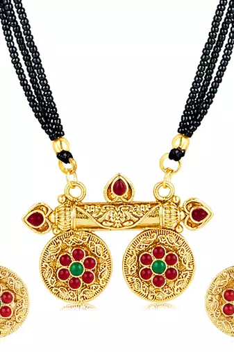 Rani pink green synthetic stone studded mangalsutra necklace with
