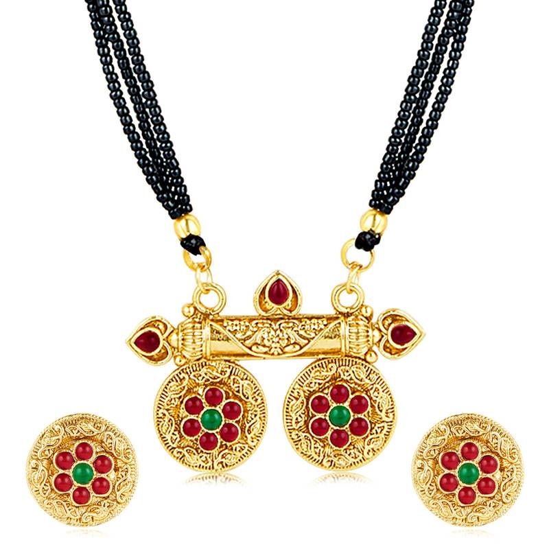 Rani pink green synthetic stone studded mangalsutra necklace with
