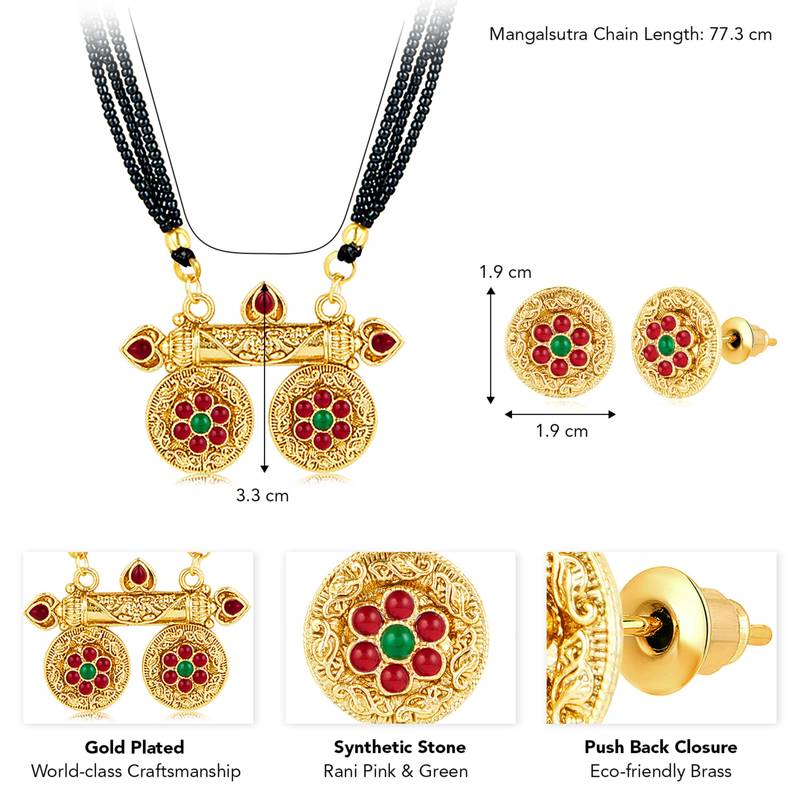 Rani pink green synthetic stone studded mangalsutra necklace with